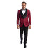 Burgundy Men's Hybrid-Fit 3pc Paisley Suit w/ Wide Black Shawl Collar